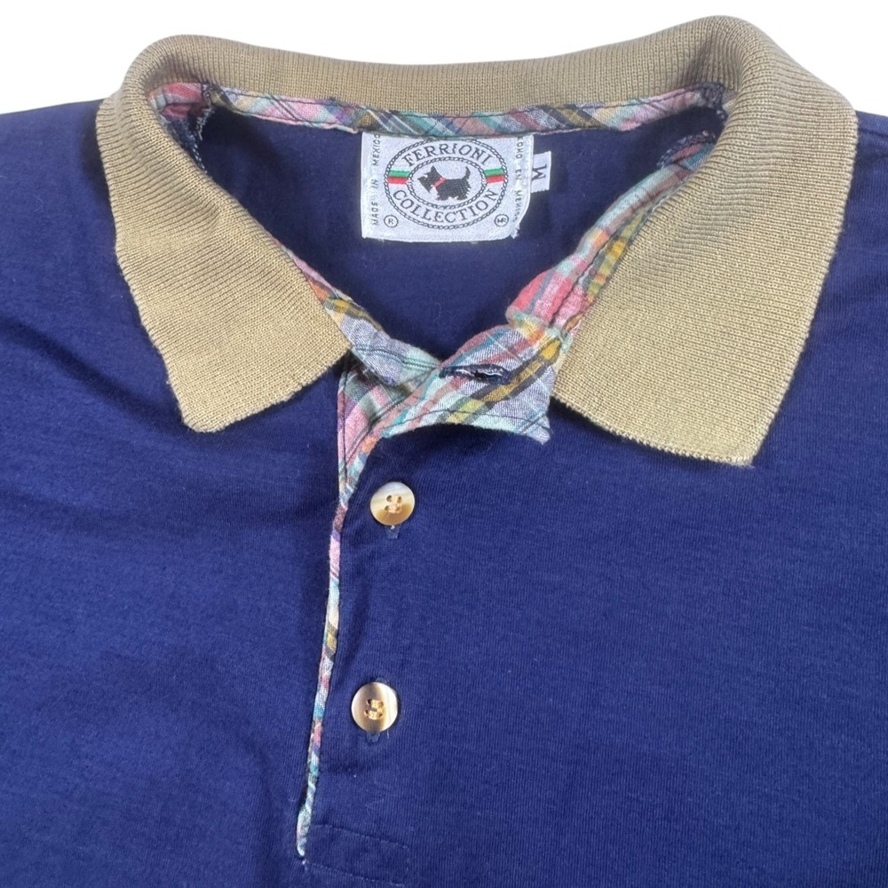 Ferrioni Collection Navy Blue Polo Shirt Mens M Plaid Tan Preppy Golf VTG 90s - Picture 9 of 12